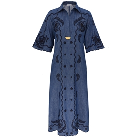 Zimmermann Aster Embroidered Denim Midi Kjole, Railway Blue